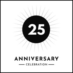 25 years anniversary celebration with starburst isolated on white background. Creative design for happy birthday, wedding, ceremony, event party, award, invitation event, and greeting card.
