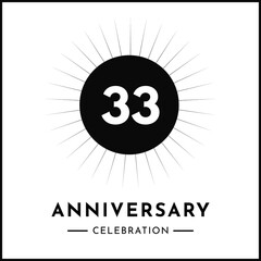Fototapeta premium 33 years anniversary celebration with starburst isolated on white background. Creative design for happy birthday, wedding, ceremony, event party, award, invitation event, and greeting card.