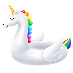 Inflatable rubber swimming ring in white unicorn shape. Cute and funny toy unicorn with golden horn, wings and rainbow hair, for leisure at the pool, sea, on the beach. Realistic vector illustration © Pagina