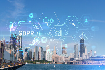 City view of Downtown skyscrapers of Chicago skyline panorama over Lake Michigan, harbor area, day time, Illinois, USA. GDPR hologram, concept of data protection regulation and privacy for individuals
