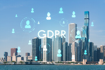 City view of Downtown skyscrapers of Chicago skyline panorama over Lake Michigan, harbor area, day time, Illinois, USA. GDPR hologram, concept of data protection regulation and privacy for individuals