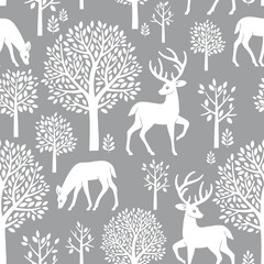 Seamless vector pattern with deer, fawn, trees and leaves. Scandinavian woodland illustration. Perfect for textile, wallpaper or print design.
