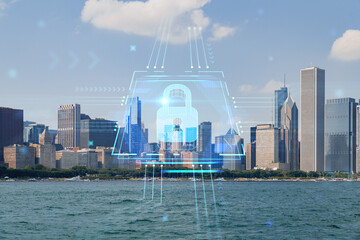 City view of Downtown skyscrapers of Chicago skyline panorama over Lake Michigan, harbor area, day...