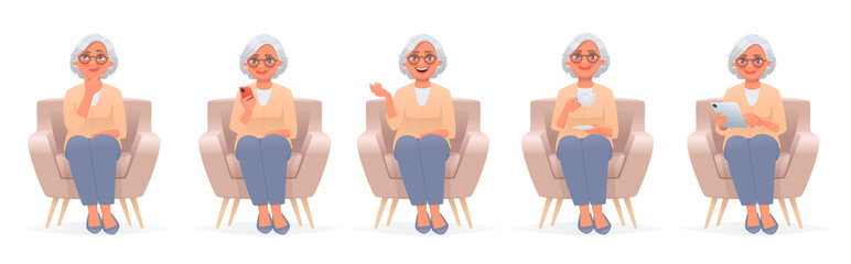 Set of character of a mature woman sitting in a chair. An elderly woman uses gadgets, a smartphone and a tablet, thinks and talks, drinks tea. - obrazy, fototapety, plakaty