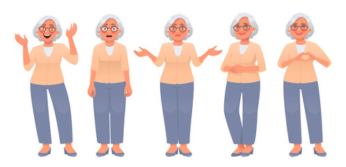 Fototapeta premium Mature woman character set. An elderly woman rejoices and dances, surprised, shrugs, poses and shows a heart gesture with her hands.