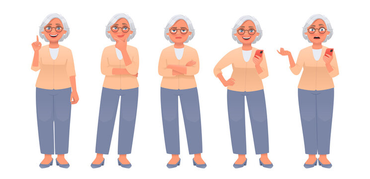 Mature woman character set. Elderly woman thinks, idea, tired. Pensioner with a gadget, uses a smartphone