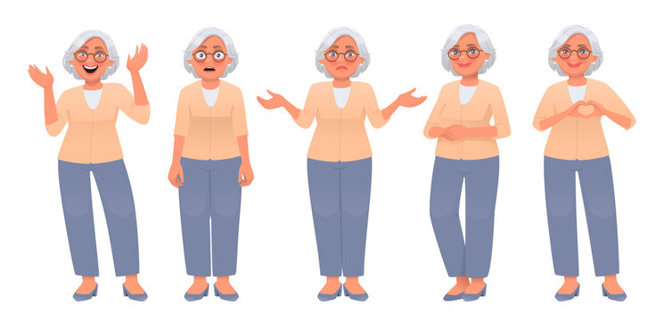 Mature woman character set. An elderly woman rejoices and dances, surprised, shrugs, poses and shows a heart gesture with her hands.