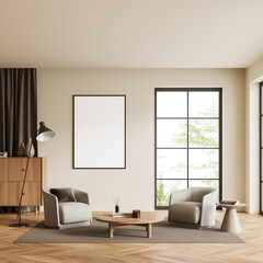 Chill room interior with chairs and decoration, window and mockup frame