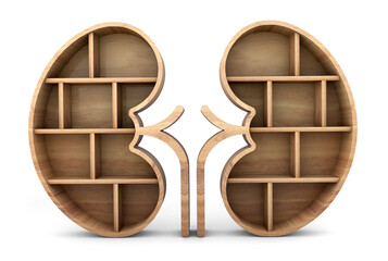 kidney wooden shelf front isolated on white background. Organ wooden shelf. 3d rendering