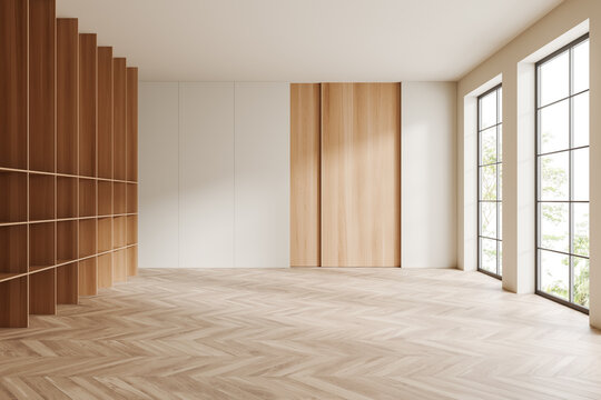 Light empty studio apartment and panoramic window with tropics
