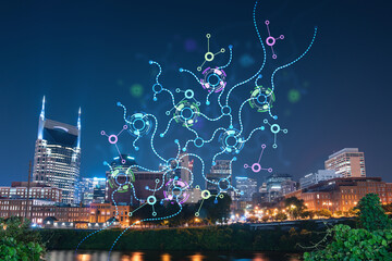 Panoramic view of Broadway district of Nashville over River at illuminated night, Tennessee, USA. Hologram of Artificial Intelligence concept. AI, business, machine learning, neural network, robotics