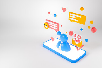 Smartphone with notification on grey background, social media. Copy space