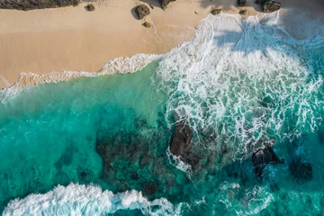 Foto op Canvas Aerial drone top view shot of rocky beach with cliff. Indian ocean shore. Copy space for text. Nature and travel background. Beautiful natural summer vacation travel concept. Waves and sand. © ImageFlow