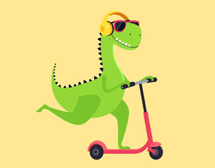 Cartoon dinosaur rides a scooter in sunglasses and headphones.