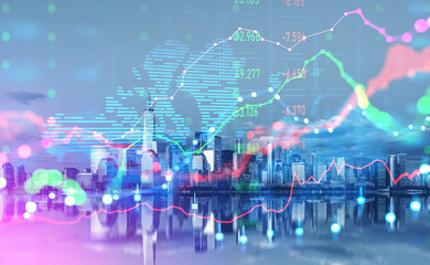 Forex graph changes, chart with numbers and candlesticks. New York skyline