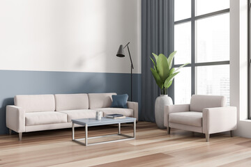 Light living room interior with sofa and coffee table, panoramic window. Mockup wall