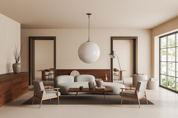 Light living room interior with couch and decoration, dining area and mockup frame