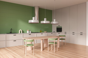 Light kitchen interior with seats and eating table on wooden floor