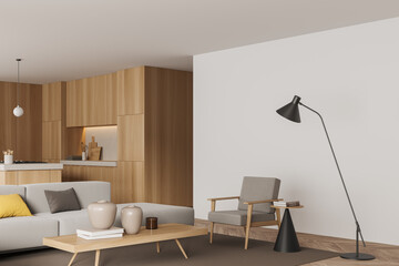 Fototapeta na wymiar Stylish wooden studio interior with relax area and kitchen appliances