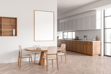 Naklejka na ściany i meble Light kitchen interior with eating table and panoramic window. Mockup frame