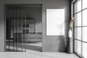 Grey kitchen interior with countertop and shelves, window. Mockup frame