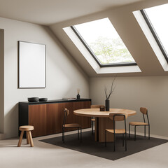 Meeting room interior with seats and table, commode and window. Mockup frame