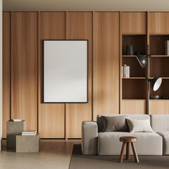 Light relax place interior with couch and shelf with decoration, mockup frame