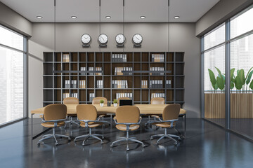 Grey office room interior with chairs, table and terrace with panoramic view