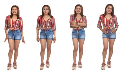 front view of a  group of  various poses of the same woman with sneaker and shorts on white...