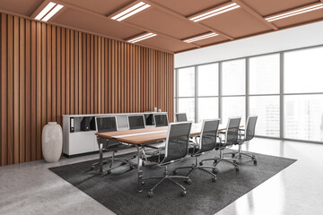 Modern office room interior with chairs and table, panoramic window. Empty wall