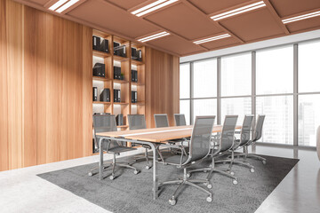 Modern office room interior with chairs and table, cabinet and panoramic window