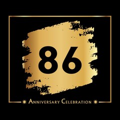 86 years anniversary celebration with gold grunge brush and frame isolated on black background. Creative design for happy birthday, wedding, ceremony, event party, and greeting card.