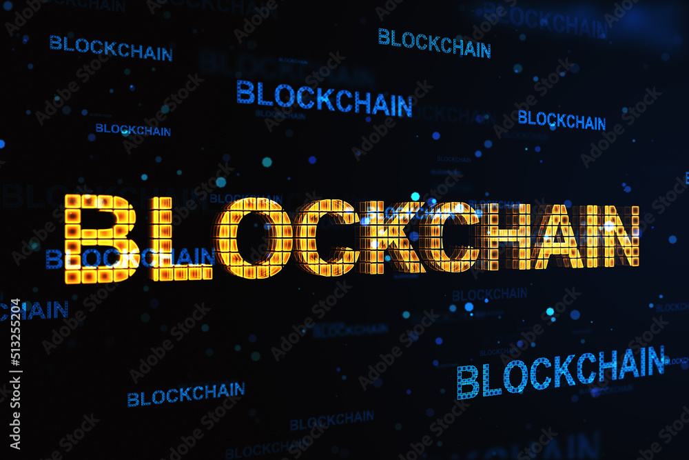 Poster Blockchain financial technology and fintech concept with perspective view on glowing digital word on abstract dark technological background. 3D rendering