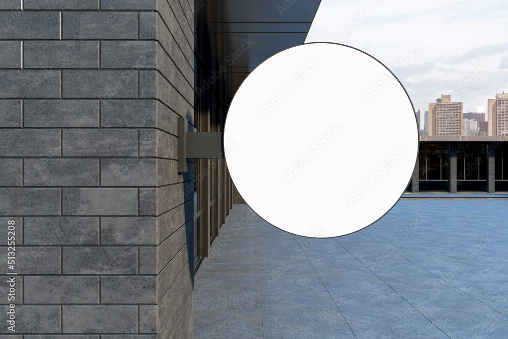 Poster close up of empty white urban round stopper on brick building exterior. pub or restaurant concept. m
