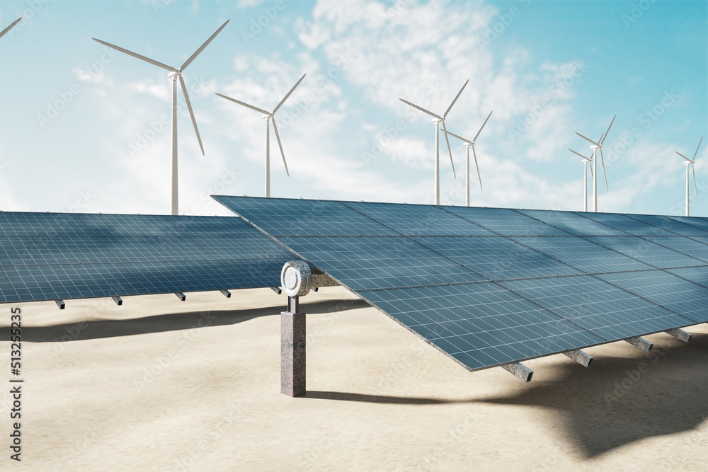 Poster alternative source of electricity and solar farm concept with solar panels on sand on windmills back