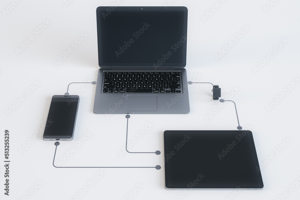 Poster Cloud data exchange and wireless connection concept with modern digital tablet, laptop, smartphone and smart watches connected by digital dark lines on white background. 3D rendering