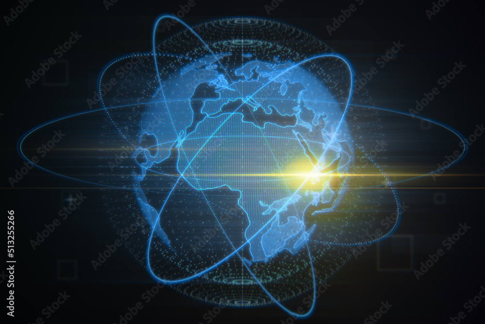 Aufkleber Global connection and tele communication concept with digital world map globe in abstract dotted sphere and satellite trajectory on dark background. 3D rendering