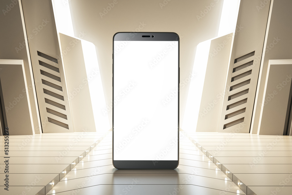 Poster Close up of blank white mock up mobile phone screen on futuristic background. Mock up and product presentation concept. 3D Rendering.