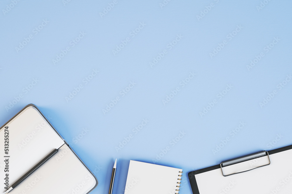 Aufkleber Top view of empty blue desktop with supplies. Work place and stationery objects concept. Mock up, 3D Rendering.