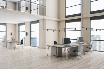 Fototapeta na wymiar Loft two floors wooden and concrete duplex office interior with panoramic city view, furniture and daylight. 3D Rendering.