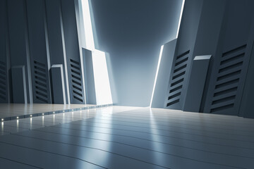 Modern futuristic spaceship interior with lights. Design and space concept. 3D Rendering.