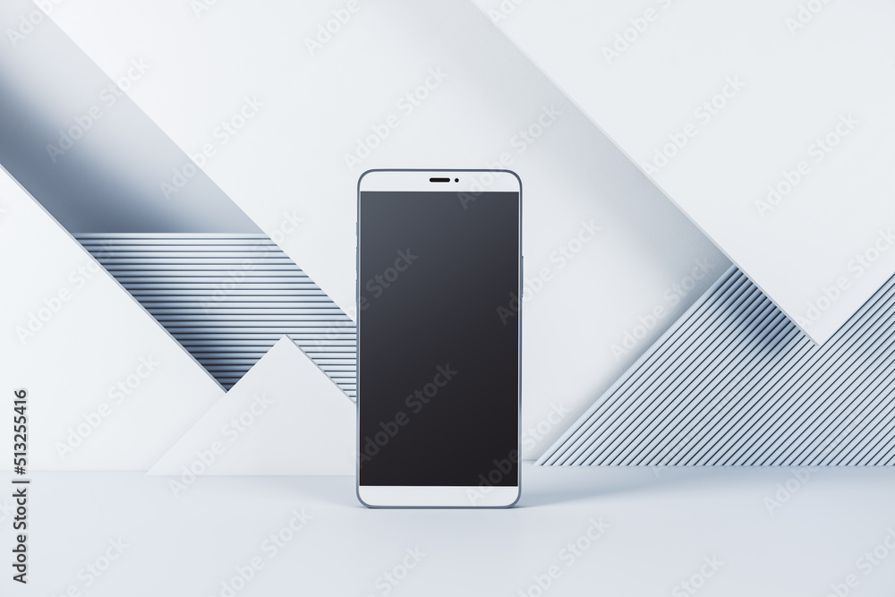 Poster Close up of blank smartphone screen on white geometric wall background. Tech presentation and device concept. Mock up, 3D Rendering.
