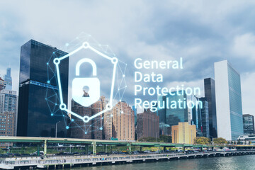 New York City skyline, United Nation headquarters over the East River, Manhattan, Midtown at day time, NYC, USA. GDPR hologram, concept of data protection, regulation and privacy for all individuals