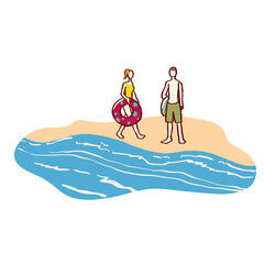 海水浴場にいる浮き輪を持った水着姿の男女
