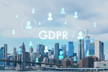 Brooklyn bridge with New York City Manhattan, financial downtown skyline panorama at day time over East River. GDPR hologram, concept of data protection, regulation and privacy for all individuals