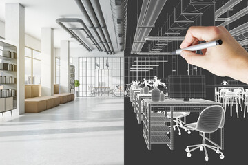 Design project development with 3D visualization of sunny industrial open space office with sofa on concrete floor and lattice glass walls and man hand making sketch of workspaces and bicycle - obrazy, fototapety, plakaty
