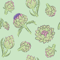 Seamless pattern with artichoke inflorescences. Vector graphics.