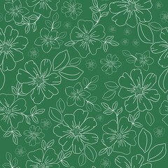 Simple vintage pattern. Wonderful flowers and leaves white outline. Green background. Fashionable print for textiles and wallpaper.