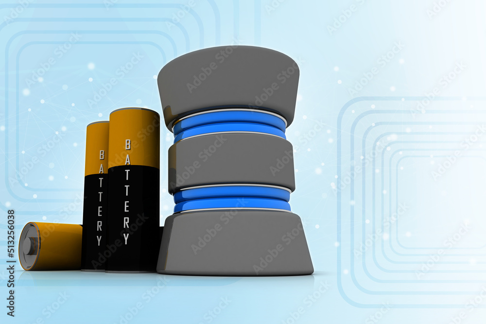 Poster 3d rendering electrical energy and power supply source concept, accumulator battery with charging le