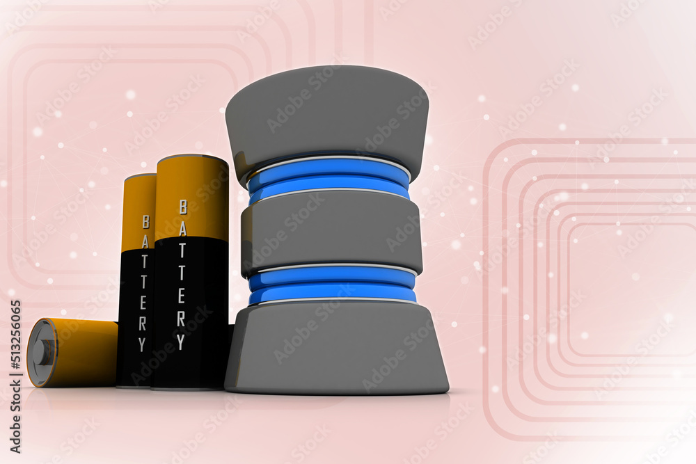 Poster 3d rendering electrical energy and power supply source concept, accumulator battery with charging le